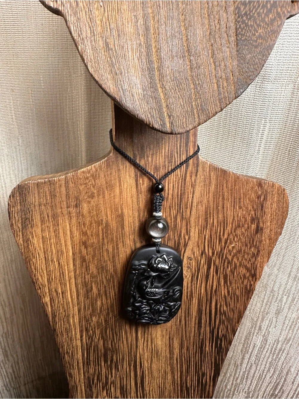 Obsidian Bird and Lotus Carving Pendant Necklace on Black Adjustable Rope